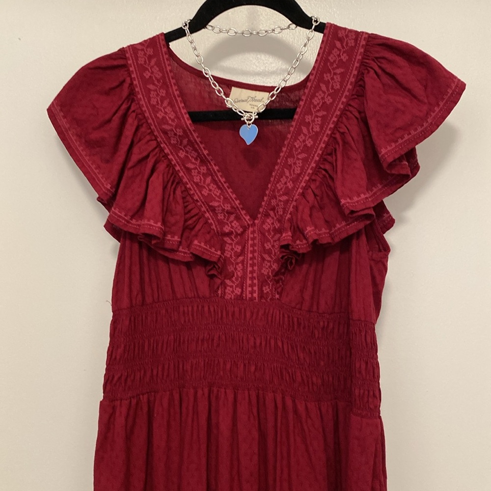 Dress Ruffled Embroidered Long Red Pretty - Picture 2 of 14